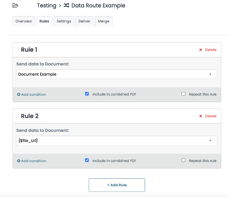 Rule 1 sends data to wanted document and rule 2 contains the merge field.