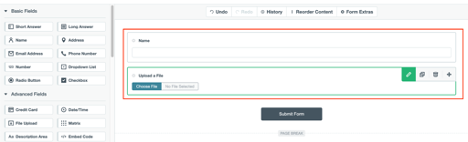 Add form fields including an upload file field.