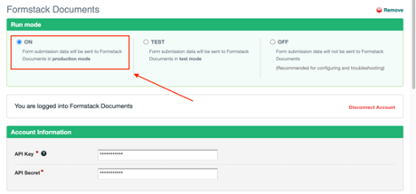 Turn the integration on by toggling the Run Mode to On.
