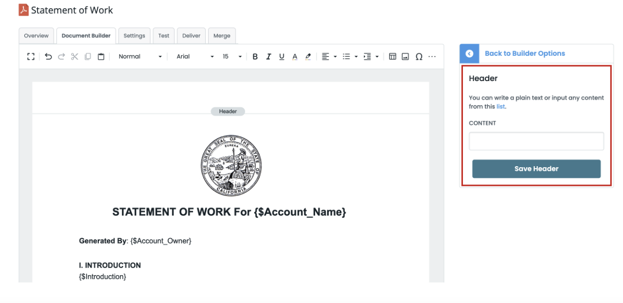 Screenshot showing the Header content selection 
