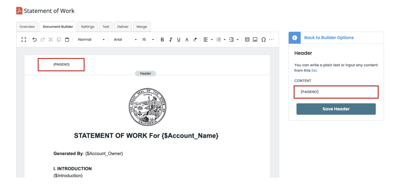 Screenshot showing inserted content in the header. 