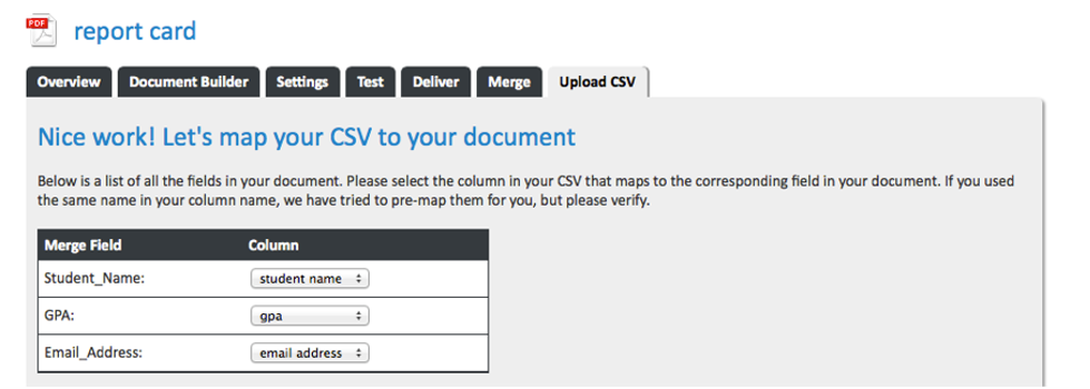 Upload the CSV to match merge fields