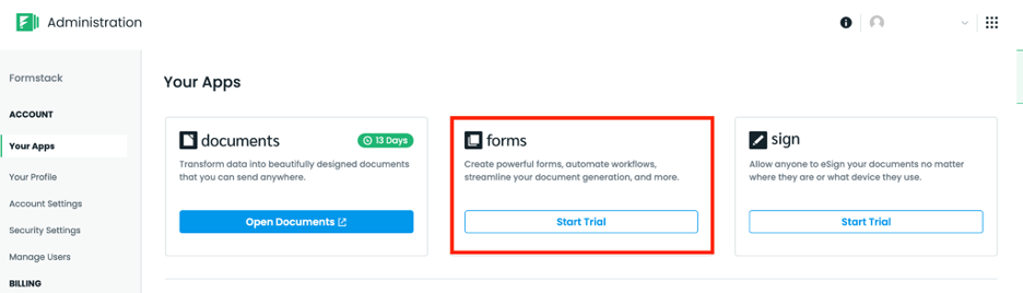 Click on Start Trial under Forms