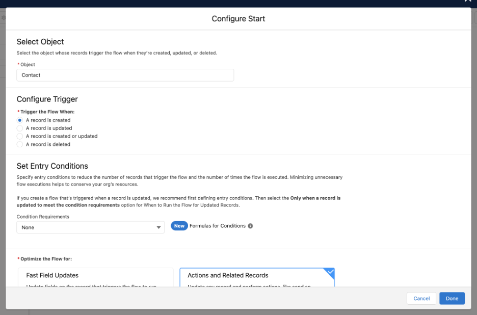 Choose the Primary Object and when to start flow.