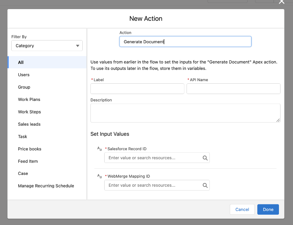 Fill out action fields including label and input values.