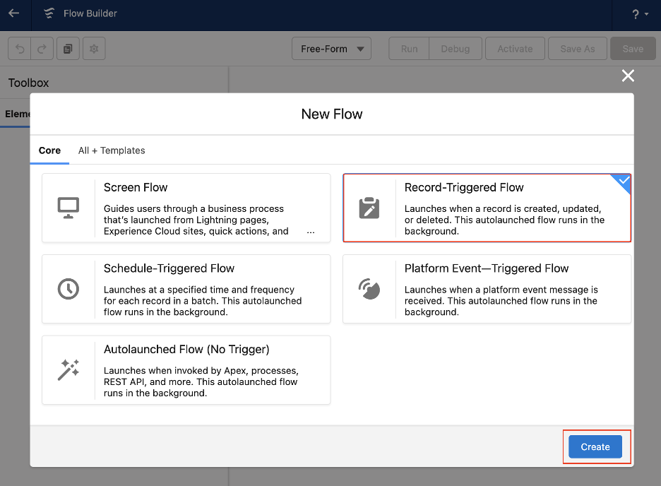 From the New Flow panel, select Record-Triggered Flow from the options.