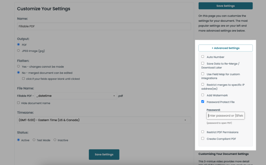 Dropdown option reveals option to password protect file